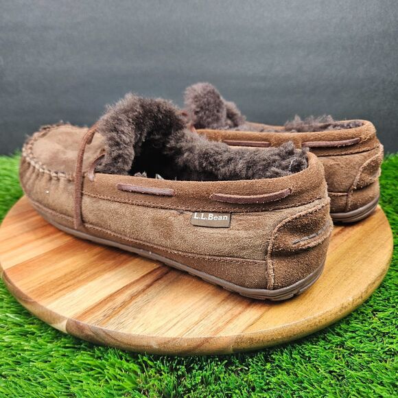 LL Bean Wicked Good Slippers Mens 9 Wide Brown Suede Shearling Slip On Shoes - Picture 4 of 11